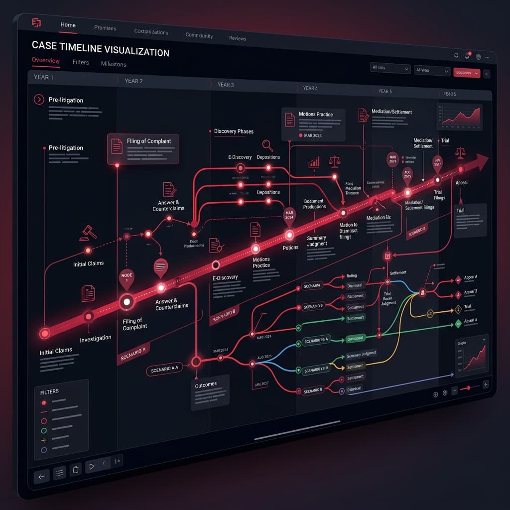 Case timeline visualization with branching scenario paths