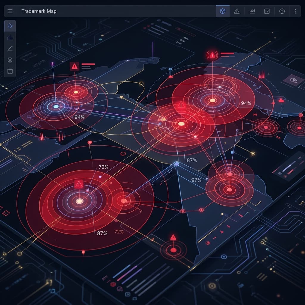Trademark conflict map with competing brand territory analysis